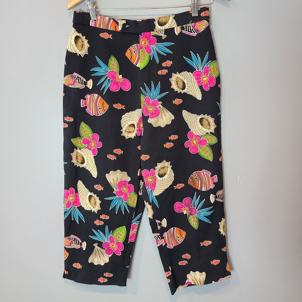 Vtg 90s Crop Capri Pants Seashell Fish Conch Cotton Spandex Sz M Resort Coastal